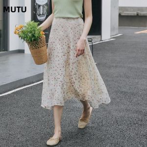 Váy midi MUTU chữ A ren in hoa cạp cao phong cách công sở thường ngày