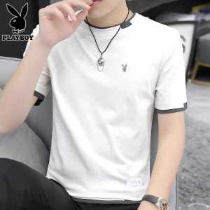 Casual Short Sleeve T-Shirt Mens Summer New round Neck Fake Two-Piece Upper Body Loose Fit Pure Cotton Anti-Wrinkle Print