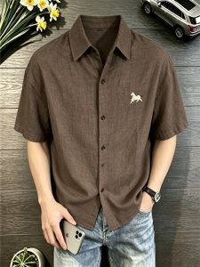 OUMULONG | Embroidery Linen Short Sleeve Shirt