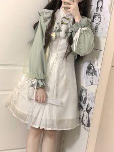 ชุดเดรสยาวแขนยาวสไตล์จีนใหม่พร้อมแจ็คเก็ต ชุดเด็กผู้หญิง ชุดเดรสยาวเอวสูง ปกกระโปรงทรงเอ ฤดูใบไม้ผลิและฤดูใบไม้ร่วง