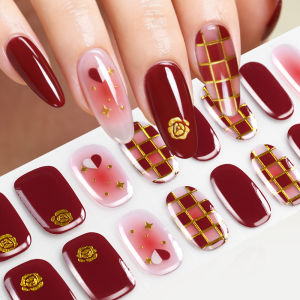 16Tips Wine Red Plaid Semi-Cured Gel Nail Stickers Gold Rose Heart Star Grid UV/LED Nails Wraps Festival Wedding Manicure Decals