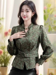 Áo Sơ Mi Satin Màu Xanh Lá Cây Thanh Lịch Cho Nữ Mùa Thu 2025 Áo Sơ Mi Kẻ Caro Cao Cấp Thời Trang Nữ Cổ Chữ V Tay Dài Ngắn