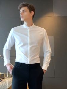 Sơ mi nam dài tay dáng Hàn Quốc cổ trụ màu đen