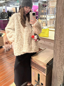 Elegant Cloud Mist Stone Fox Fur Coat Womens Casual Winter Outerwear Thickened Asymmetric V-neck Commute Style Long Sleeve