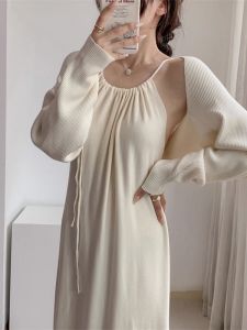 WAWA Maternity Dress Set Pure Desire Knitted Long Sleeve Shawl Neck Pregnant Women Two Piece Set French Style round Neck Dress