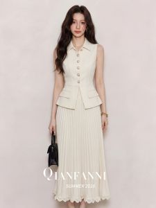 QFN | Elegant White Sleeveless Vest Pleated Skirt Set Summer Career Wear