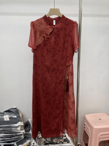 Elegant High Waist Knee-Length Midi Dress Short Sleeve Chiffon Splicing Button New Chinese Style Qipao Summer New Arrival