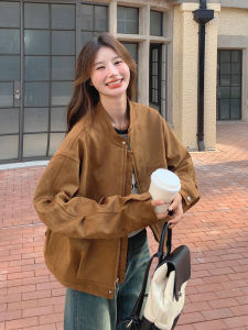 Casual Suede Jacket Womens Early Autumn Fashionable Commute Loose A-Line Style Zipper Closure Long Sleeve Pure Color Coat