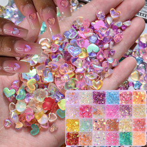 24 กริด 3D ออโรร่าเลิฟ-ฮาร์ทเรซิ่นเล็บอาร์ตชาร์มสีสันสดใสหัวใจ Y2K ตกแต่งเล็บ DIY หัตถกรรมอุปกรณ์เสริมเล็บ