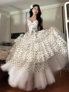 CHANGTONG | Đầm Voan Không T Tay Dây Kéo Buộc eo Hình Chấm Bi Kiểu Nghỉ Dưỡng Cổ V