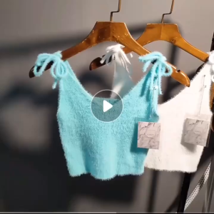 AN-11049 Furry Crop Tops For Women Fur Smooth Knitted Spaghetti Tops V-Neck Sleeveless Casual Knit Tops Kpop Tops Summer Tops High Quality