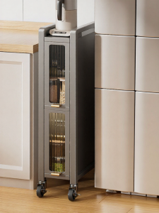 BW | Modern Minimalist Kitchen Fridge Gap Rack Storage Cabinet Pull out Shelf Bathroom Extreme Narrow Space Organizer Metal Base