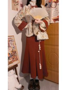 Modern Chinese Style Womens Thickened Fleece Lined Coat And Skirt Set with Button Design Warm Fashionable Winter Outfit