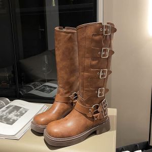 Fashionable Long Tube Boots Womens Western Cowboy Boots Rough Heel Retro Knight Boots Color Rub Punk Style Motorcycle Boots