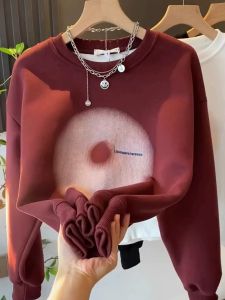 Retro American Red Sweatshirt Womens Spring Autumn Thin Loose Long Sleeve round Neck Lazy Style Small Batch Top