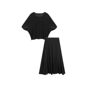 Plus Size Linen Lyocell Batwing Loose T-Shirt Skirt Set