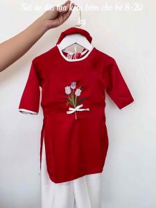 Áo dài cách tân bé gái set áo dài lụa thêu và đắp hoa hồng TẶNG bờm tóc cho bé 10-20kg