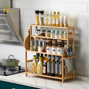 Rak Dapur Bumbu Kayu Rak Botol Rempah-rempah 2/3/4 Tier Rak Susun Penyimpanan Bumbu Serbaguna ﻿