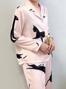 Silk Satin Sleepwear Set Womens Long Sleeve Long Pants Home Clothes Spring Summer Fashionable Black Cat Foundation O Home