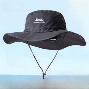 หมวกตกปลาผู้ชาย JEEP ฤดูร้อนกลางแจ้งป้องกันรังสียูวี หมวกปีนเขา หมวกกันแดด หมวกกันแดด ผ้าฝ้ายโพลีเอสเตอร์ หมวกทรงกลม