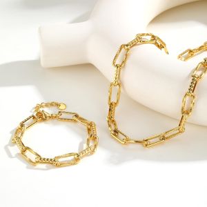 Kemstone สร้อยข้อมือแบบสร้อยข้อมือลายนูนทรงสี่เหลี่ยมผืนผ้าสแตนเลสทองสำหรับชุดเครื่องประดับผู้หญิง