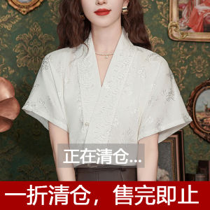 New Chinese Style Short Sleeve Shirt Womens Summer Fashion Traditional Hanfu Clothing V-neck Polyester Fiber Regular Length