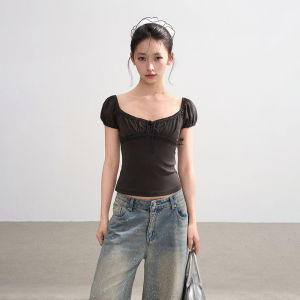 BAIDAIFEI | Large U-Neck Puff Sleeve Short Sleeved Slim Waist T-shirt