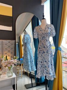 Blue Floral Print Wrap Waist Midi Dress Womens Base Layer Summer New Style Fashionable Commute Regular Sleeve V-Neck Dress