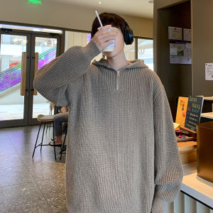 Cleanfit Hooded Knitted Sweater Mens Solid Color Half Zip Autumn Winter Casual Loose Fit Long Sleeve Knit Cardigan Coat