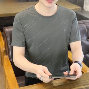 HENGYUANXIANG | Cool Breathable High Elasticity Short Sleeve Round Neck Mens T-Shirt Quick Dry Summer Fashion Urban Style Ice Silk Standard Fit