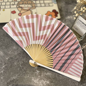 Quạt Giấy Họa Tiết Hình Học Sáng Tạo Cỡ Nhỏ Di Động Lý Tưởng Quạt Giấy Cotton Lanh Màu Xanh Klein Quạt Giấy Thủ Công Bằng Tre