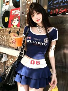 GUZILIAN | Bộ Áo Thun Thể Thao In Chữ Retro Mùa Hè Với Chân Váy Xòe
