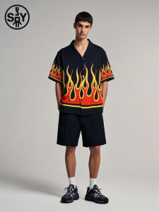 S&Y American Style Short Sleeve Cuban Collar Shirt Mens Spring Summer Vintage Shirt OOTD Match Flame Print Loose Fit Polyester Fiber