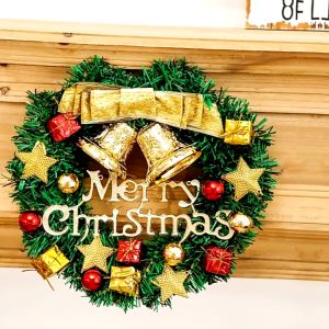 Rattan & Cotton-Blend Christmas Wreath 30cm with Festive Ornaments & Hanging Bells for Festive Decor