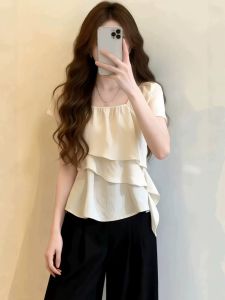 French Style Square Neck Short Sleeve Summer Slim Fit Ruffle Decorated Blouse