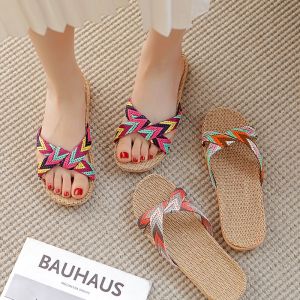 Handmade Linen Slippers Womens Summer Home Indoor Office Floor Anti-slip Bottom Couples Casual Flat Toe Open Thin Soles