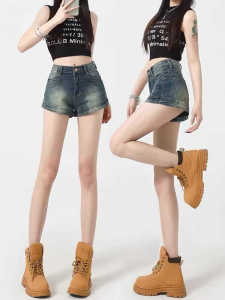 กางเกงขาสั้นผ้ายีนส์เอวสูงสไตล์ย้อนยุคสไตล์อเมริกันสำหรับผู้หญิง กางเกงขาสั้นทรงเข้ารูปยืดหยุ่นสุดเซ็กซี่ กางเกงขาสั้นทรงเอเข้ารูป