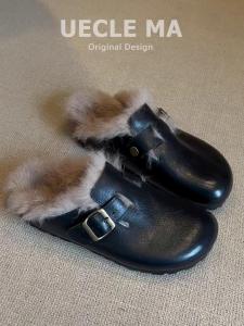 UECLE MA | Wool Womens Winter Slip-On Shoes Fluffy Outdoor Slippers Genuine Leather Flat Mules