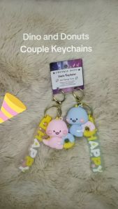 2 Dino Donut Dinosaur Cute Couple Keychain Love Valentine Pink Blue Rubber Toy Car Cartoon Key Ring Backpack Lanyard