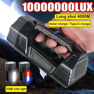 10000000LM Spotlight Rechargeable Solar/USB Charging High Power LED Flashlight Tactical Super Bright Outdoor Waterproof Lantern