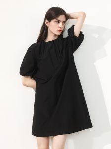 Miccbeirn | Elegant Silk Cotton Dress Fashionable Pleated Lantern Sleeve A-Line Midi Skirt Commute Style Loose Waist Summer Season