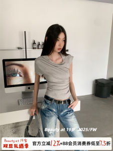 French Style Slim Fit Short Sleeve T-Shirt Womens Summer 2024 Pure Color Hot Girl Short Length round Neck Design Top