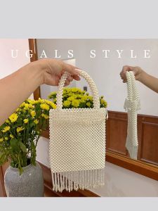 กระเป๋าสตางค์ Acrylic Pearl Handmade Bead Tassel Clutch Crossbody Small Square Mobile Phone Bag UGALS Vintage Acrylic Handwoven