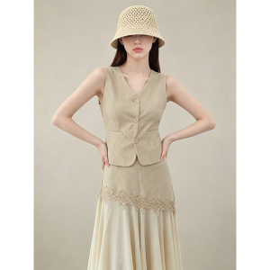 GULILI | Sleeveless Vest and Skirt Set Khaki Lace