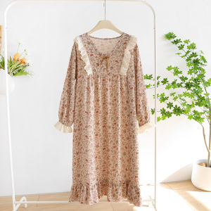 Vintage Floral Nightdress Womens Pajamas Spring and Autumn Cotton Gauze Long Sleeves Long Dress Summer Thin