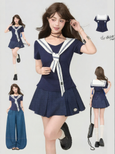 KEIKO | Sailor Suit Aesthetic Short Sleeve T-shirt and Skirt Set