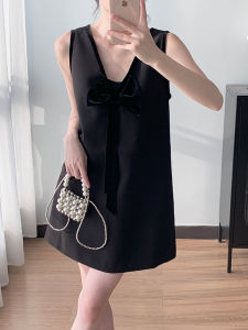 Pure Velvet Short Sleeveless V-Neck Butterfly Knot Summer New French Style Black Dress Women High Waist A-Line Skirt Casual Wear