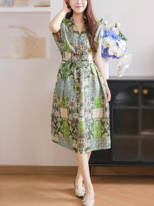 XIAOER | Jacquard Satin Retro Color Blocked V-Neck Tie-Belt Flared Sleeve Dress