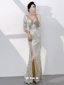 Elegant Silvery Host Evening Gown with Fringe and Slit Fish Tail