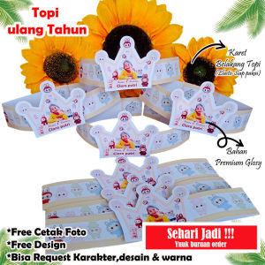 Topi ultah custom isi 45 pcs+desain foto anak (Request desain via chat) Topi pesta/atopi ulang tahun anak/Topi ultah karakter